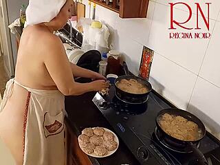 Naked Nudist Housewife Regina Noir Cooks In Kitchen As Maid