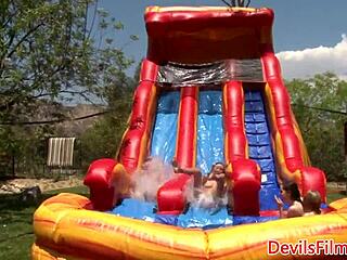 Lesbian Babes Toy Shaved Pussies Outdoor Strapon