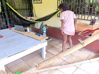 flow masturbates wet on balcony hammock, caught by curious eyes