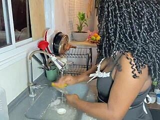 hey boy, your young cock feels so good creampieing this black maid's pussy