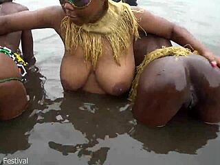 these three gorgeous african girls get playful outdoors touching each others smooth pussies