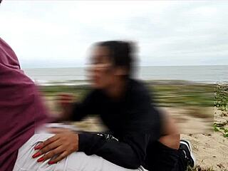 Ebony slut takes beach anal creampie with voyeurs watching