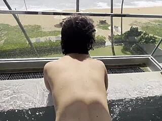 Iranian girl fingers her huge wet pussy lips wildly in the sauna