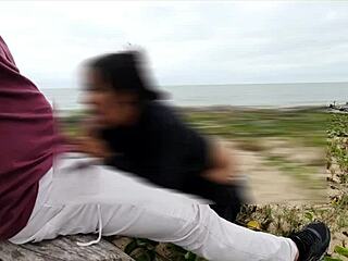 Ebony slut takes beach anal creampie with voyeurs watching