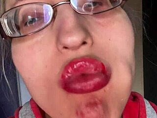 Giantess Smears Protein Bar With Big Lips And Eyeglasses