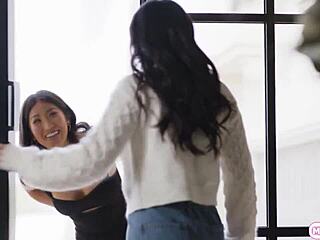 petite lesbian babe fingers and licks her hairy asian best friend's wet beaver in lingerie