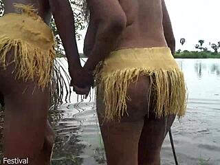 these three gorgeous african girls get playful outdoors touching each others smooth pussies