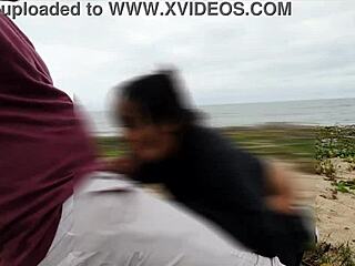 Ebony slut takes beach anal creampie with voyeurs watching