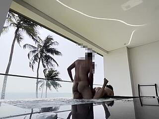 Iranian girl fingers her huge wet pussy lips wildly in the sauna