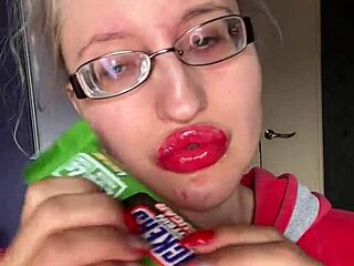 Giantess Smears Protein Bar With Big Lips And Eyeglasses