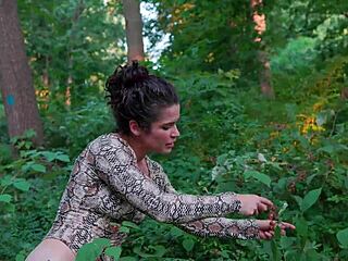 thong bodysuit clings tight as milf flashes her curves on the trail