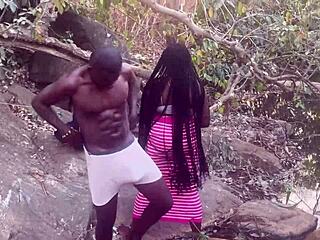 big boobed ebony village babe bent over fucked rough by stream on ranch