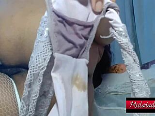 Latina milf massages her hairy pussy then squirts hard during dirty fuck session