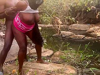 big boobed ebony village babe bent over fucked rough by stream on ranch