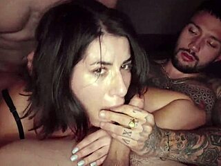 Laughing gangbang slut takes double vaginal big cocks bent over rough