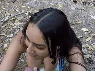 brazilian latina gives trail blowjob on knees