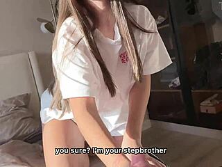 stepbro catches skinny stepsis masturbating, she rides his hard cock tight