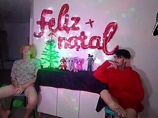 sexy noel wife dominates cuck with two hung studs barefoot cosplay