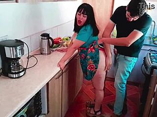 Stepmom cooks sexy but bent over kitchen fuck rips clothes gaping pussy