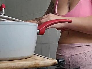 Tight Shorts Split Swollen Young Pussy in Kitchen