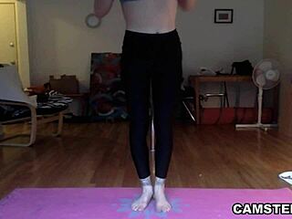 brunette with big natural tits stretches in live yoga webcam