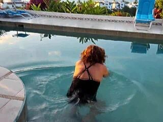 stepmom flashes her big tits at pool in public dying for cock now