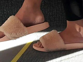 brunette's hidden pink slide tease on train