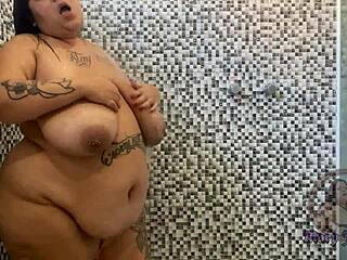 Bbw exibicionista mary jhuana tests anal dildo in shower after bath tease.