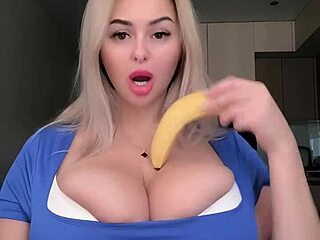 Guy smears food all over big natural tits