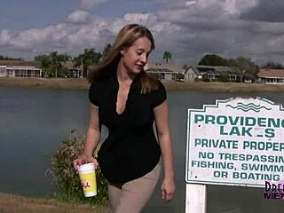 this big tit hottie dares flashing her shaved pussy outdoors publicly