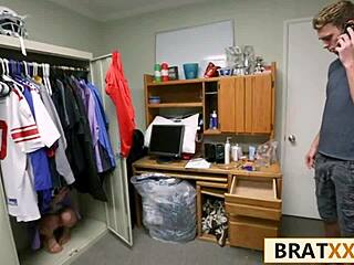 Towering QB wrecks tiny teen slut hard in dorm bed