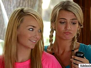 Blonde teen shoves toy deep in her BFF's tight ass!