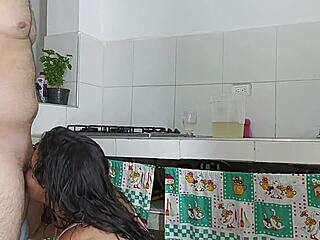 Unfaithful wife caught on cam fucking lover hard in kitchen, her huge tits bouncing.