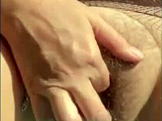 Chubby MILF Gapes Hairy Pussy on Huge Dildo Squirting Saggy Tits Orgasm