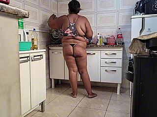 Drunk BBW Stepmom Takes Huge Facial Cumshots in Kitchen