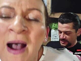 Grandma pays rent with her tight shaved pussy taking young cock doggystyle voyeur style