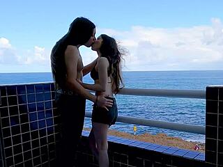 cute italian doll flashes big tits pussy on ocean balcony?