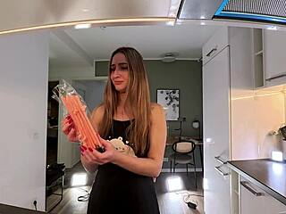 hey sexy dorm brunette in nightie socks gets bored kitchen legs tease 😏