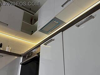 hey sexy dorm brunette in nightie socks gets bored kitchen legs tease 😏