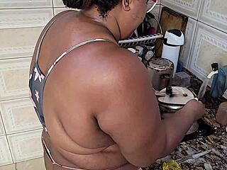 Drunk BBW Stepmom Takes Huge Facial Cumshots in Kitchen