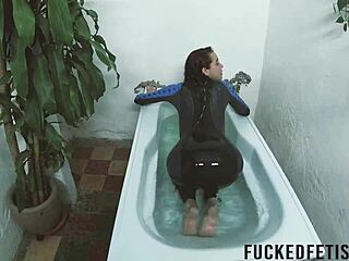 Sexy skinny babe in spandex bikini teases poolside