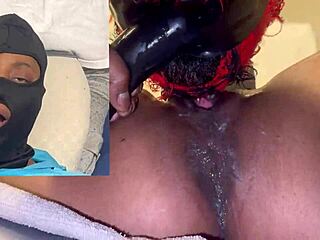 ebony squirts on dildo... mask on, wet orgasm ripping clothes!