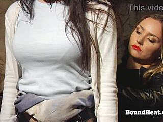 lesbian slave bends for black strapon pussy pounding