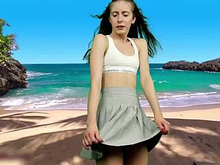 curvy teen dances panty-free on beach flashing big pussy lips