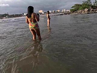 African beach cuckold watches old man humiliate hairy pussy with public licking