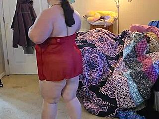 bbw brunette strips lingerie teasing huge natural tits