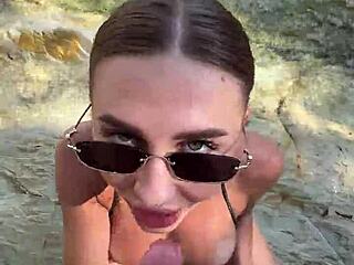 Beach stranger deepthroats huge cock cum face tits