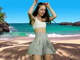 curvy teen dances panty-free on beach flashing big pussy lips