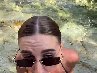 Beach stranger deepthroats huge cock cum face tits