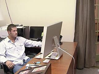 skinny cougar boss zoey holloway chokes on worker's big cock then rides him quick in office